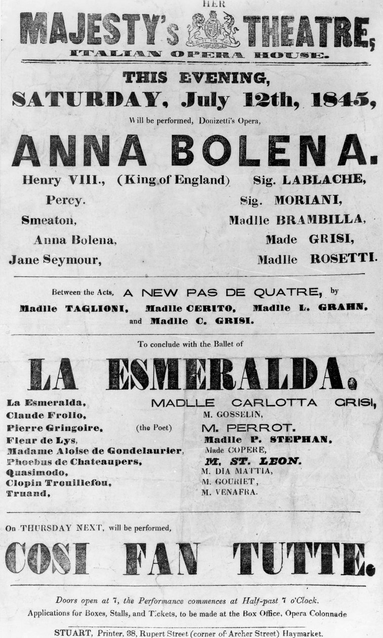 Afisz do Teatru Jej Królewskiej Mości, Opera Włoska, 1845 (papier drukowany) autorstwa English School