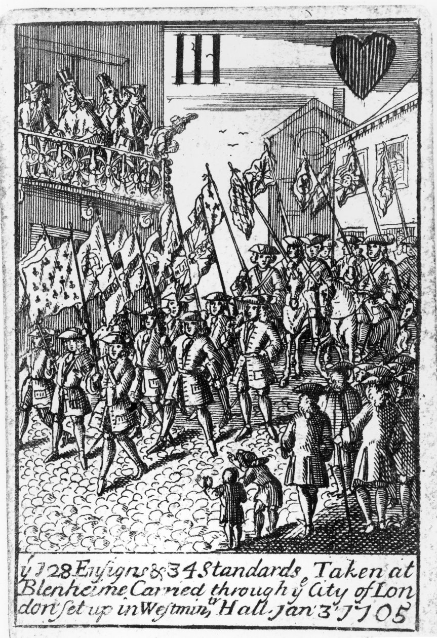 Karta do gry przedstawiająca chorąże i sztandary podjęte w Blenheim, przewożone przez City of London, 3 stycznia 1705 autorstwa English School