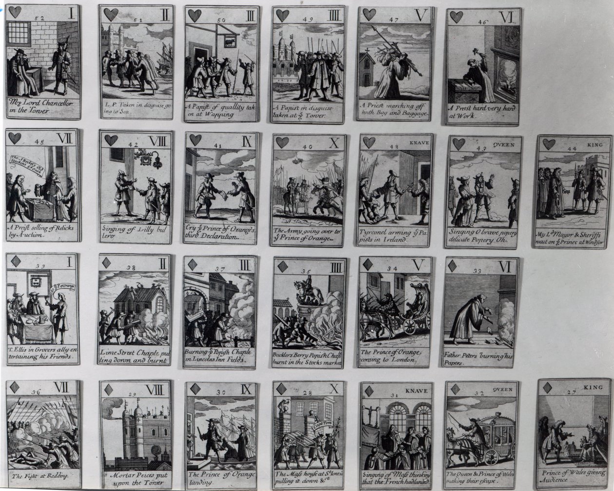 Karty do gry przedstawiające epizody z chwalebnej rewolucji 1688-89, ok. 1689 autorstwa English School