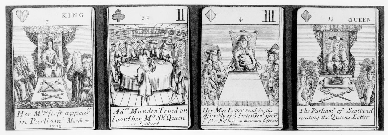Karty do gry przedstawiające wydarzenia z początku panowania królowej Anny, z zestawu upamiętniającego wojnę o sukcesję hiszpańską (1702-13) autorstwa English School