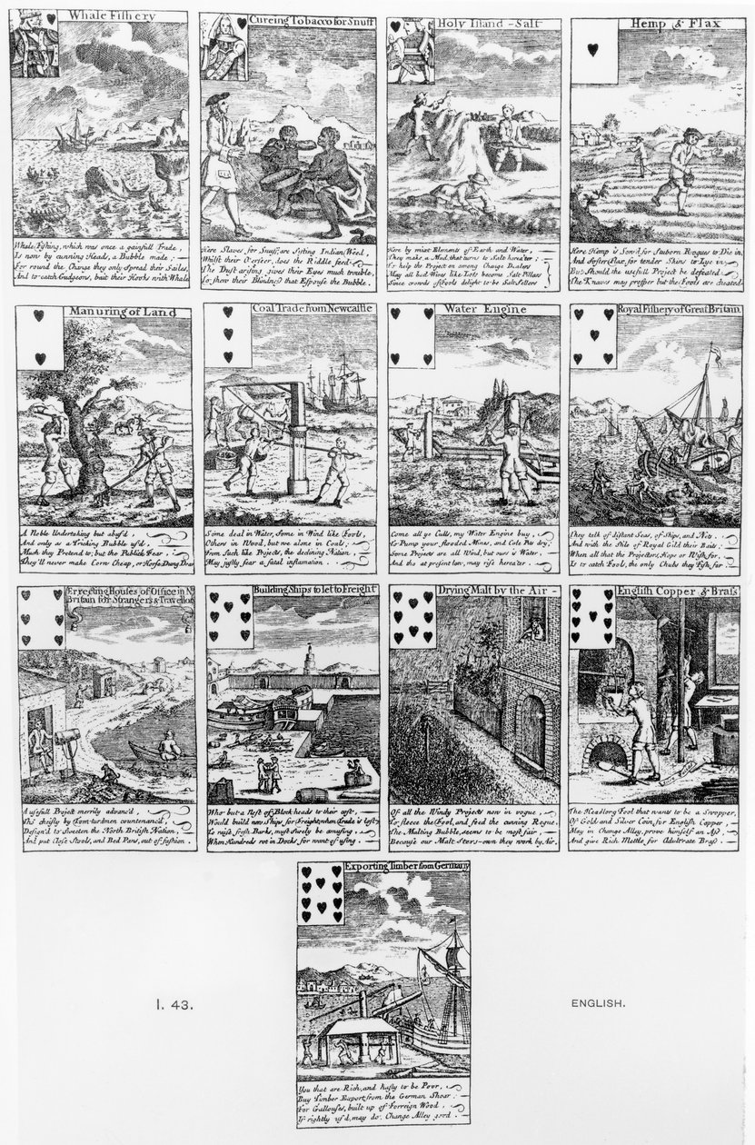 Karty do gry satyryczne przedsięwzięcia bąbelkowe, ok. 1720 autorstwa English School
