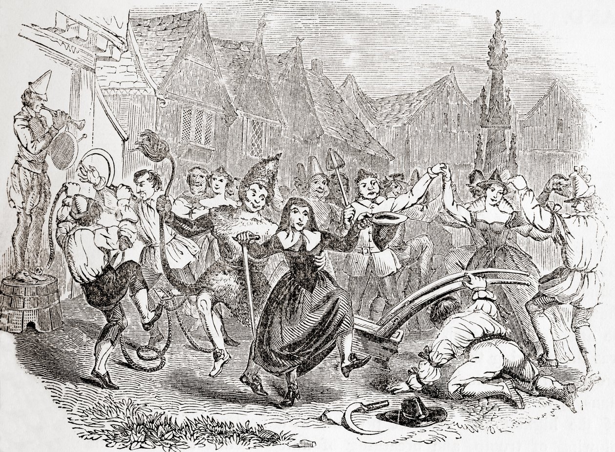 Obchody Pługowego Poniedziałku, taniec Bessie i Klauna, ze Starej Anglii: A Pictorial Museum, pub. 1847 autorstwa English School