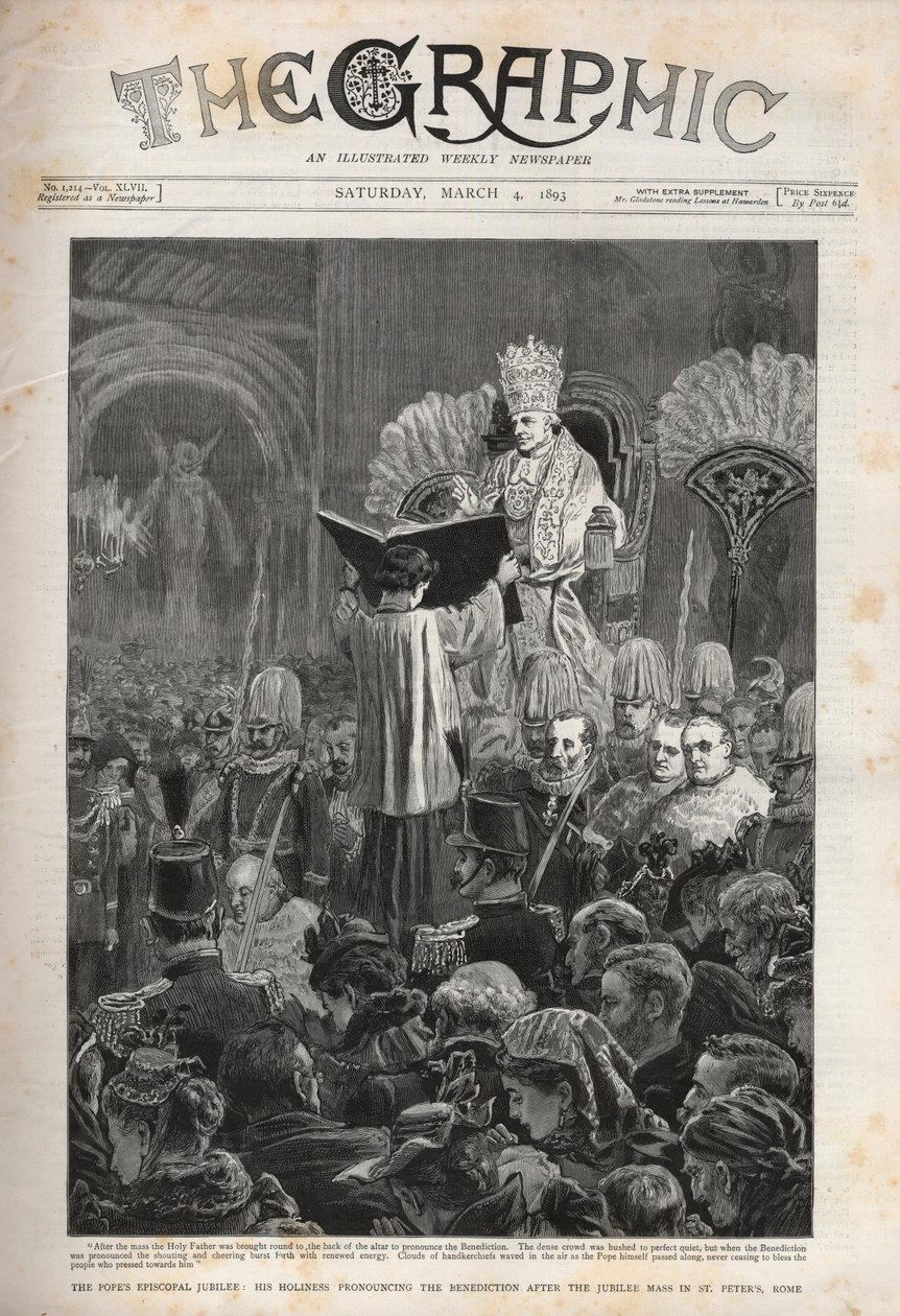 Papież Leon XIII (Leon XIII) Jubileusz biskupi Papieża, ogłaszający Błogosławieństwo po Mszy Jubileuszowej w Bazylice św. Piotra w Rzymie - ilustracja do grafiki, 4 marca 1893. autorstwa English School