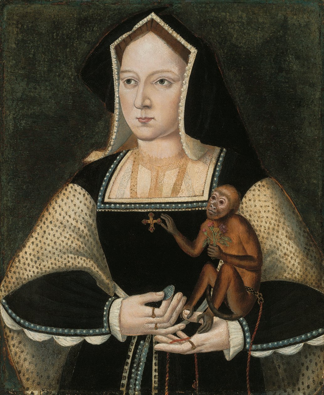 Portret Katarzyny Aragońskiej (1485-1536), królowej Anglii, do połowy długości, w czarno-białej sukni z zawieszonym krzyżem, trzymającej marmozetę i monetę (olej na płycie) autorstwa English School