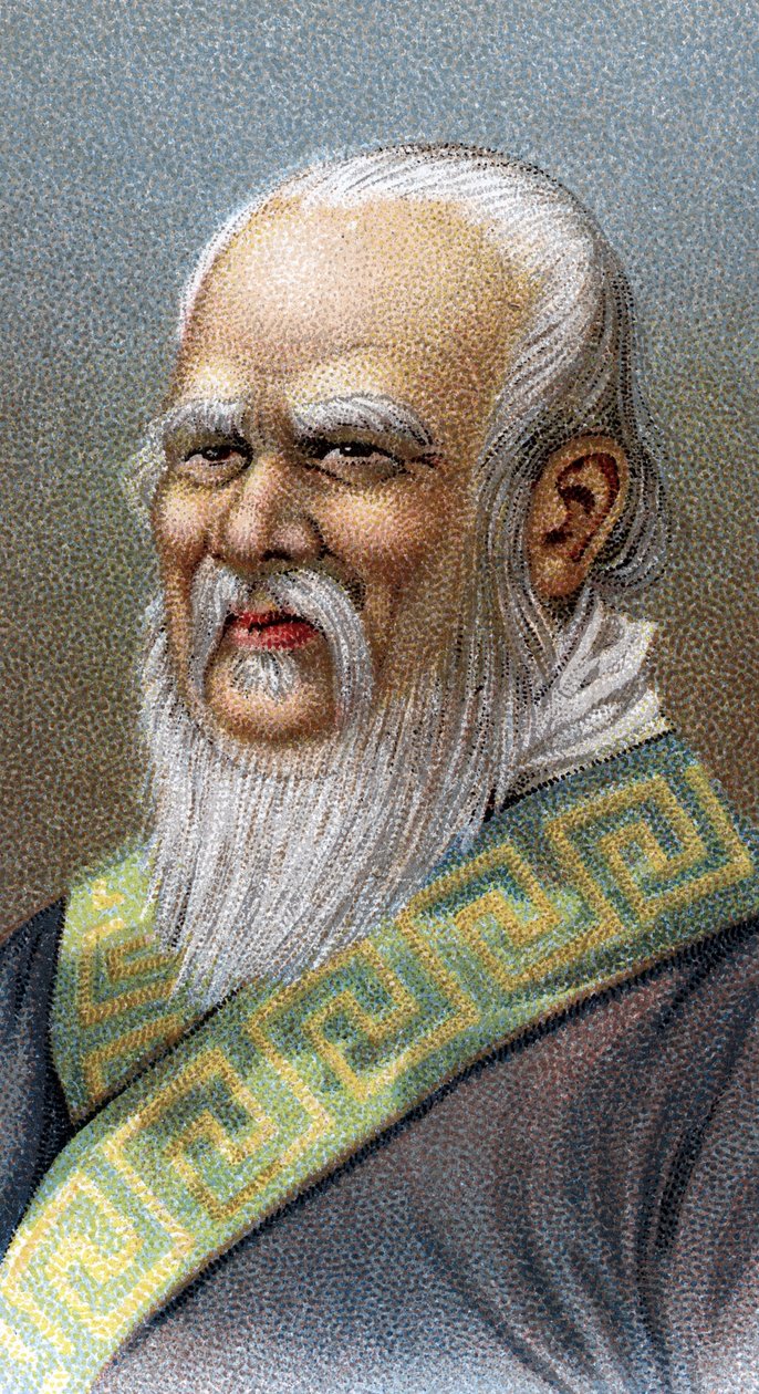 Portret Konfucjusza (551-479) p.n.e. - Konfucjusz (lub Kong Fu Zi lub KongZi) (551-479 pne) - Z serii „Liderzy ludzi””” - Chromolitografia - Szkoła angielska, XX wiek - autorstwa English School