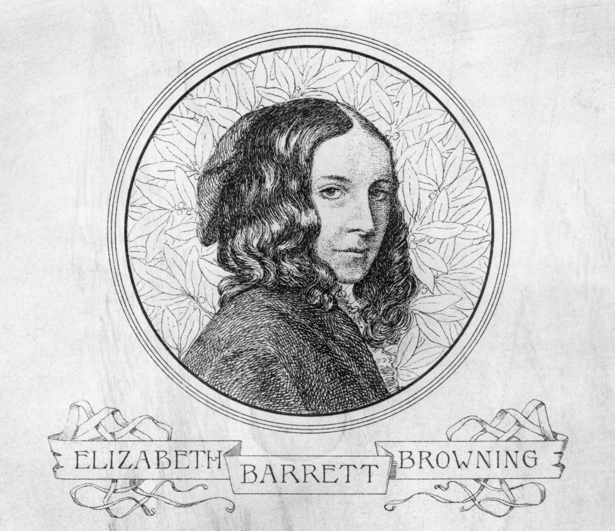 Portret Elizabeth Barrett Browning (1806-61) (grafika) (zdjęcie czarno-białe) autorstwa English School