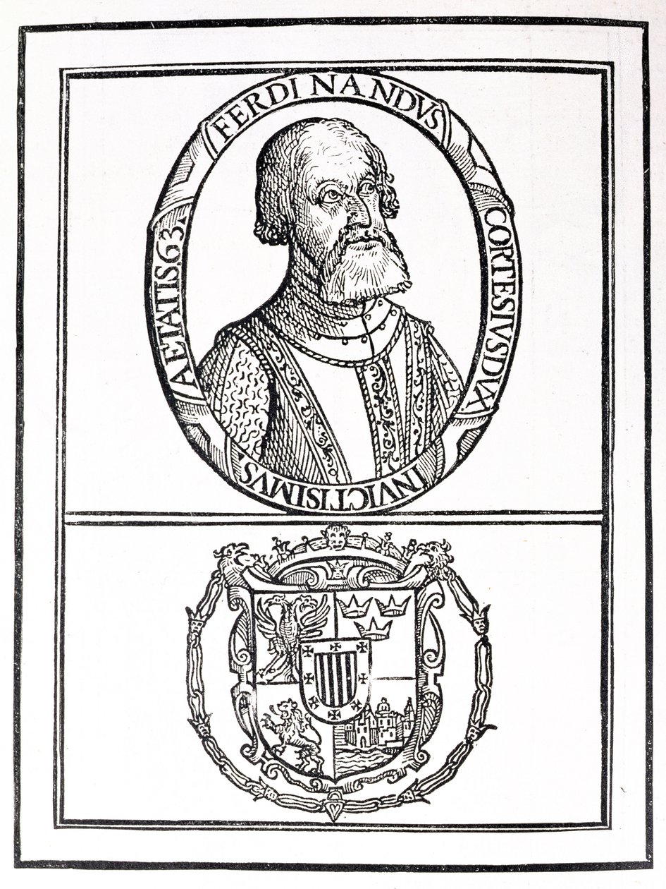 Portret Hernana Cortesa (1485-1547) i jego ramion, z „The Narrative and Critical History of America”, pod redakcją Justina Winsora, Londyn, 1886 autorstwa English School
