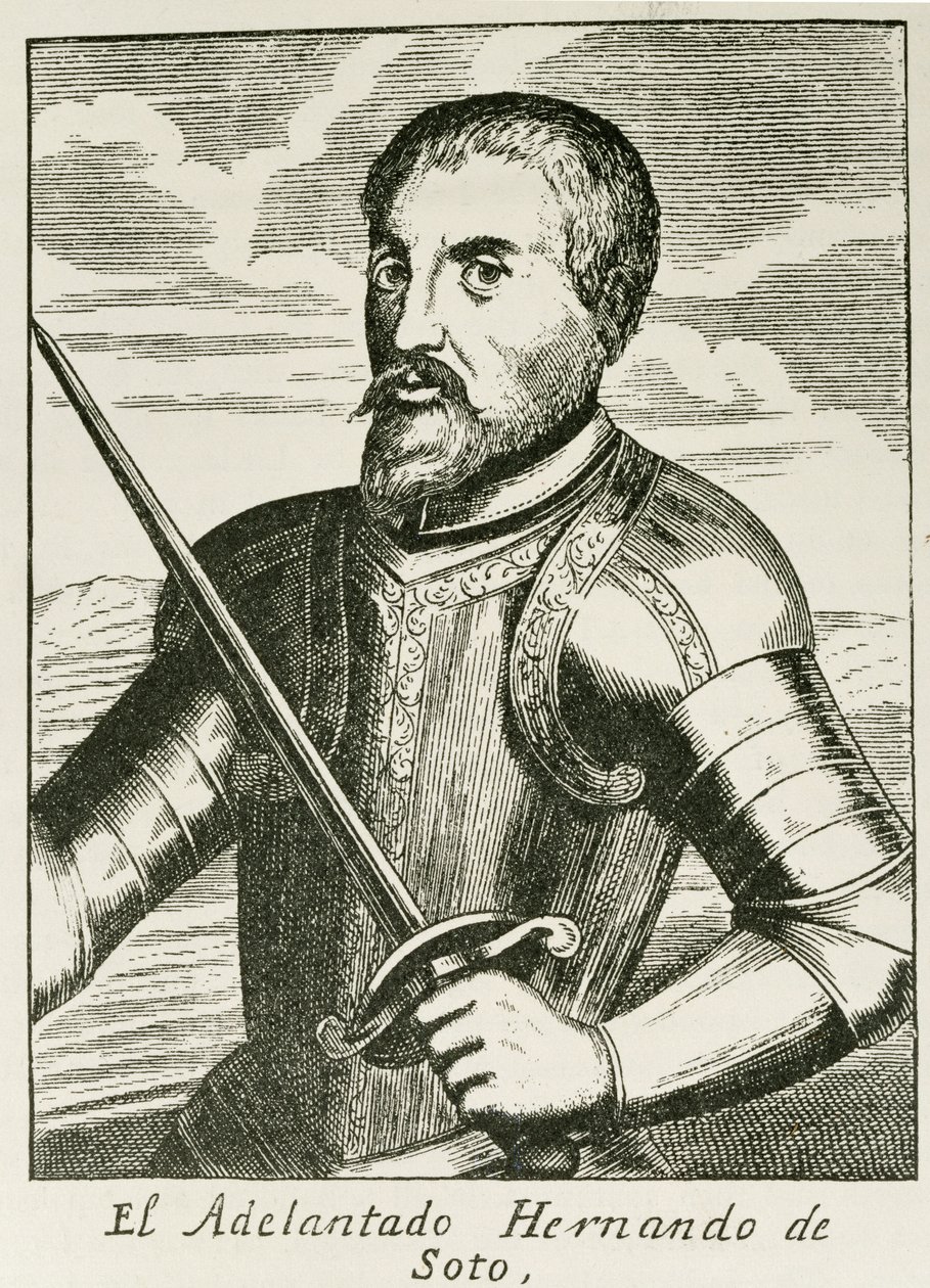 د هرناندو دي سوتو انځور (c.1496-1542) د امریکا د داستان او انتقادي تاریخ څخه، د جسټین وینسر لخوا ایډیټ شوی، لندن، 1886 پولی autorstwa English School