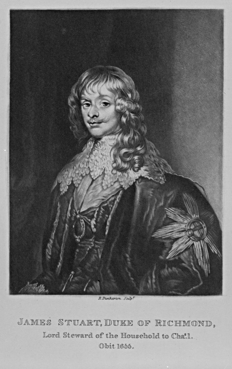 Portret Jamesa, 1. księcia Richmond, z „Characters Illustrious in British History” autorstwa Richarda Earloma i Charlesa Turnera autorstwa English School