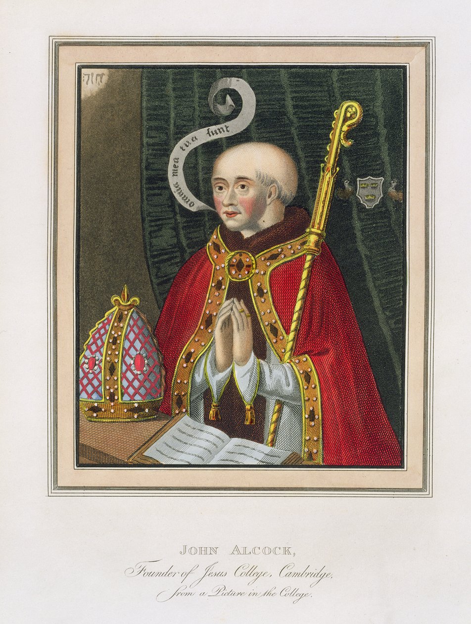 Portret Johna Alcocka (ok. 1430-1500), założyciela Jesus College w Cambridge, z The History of Cambridge, wyd. R. Ackermann, 1815 (akwatinta kolorowa) autorstwa English School