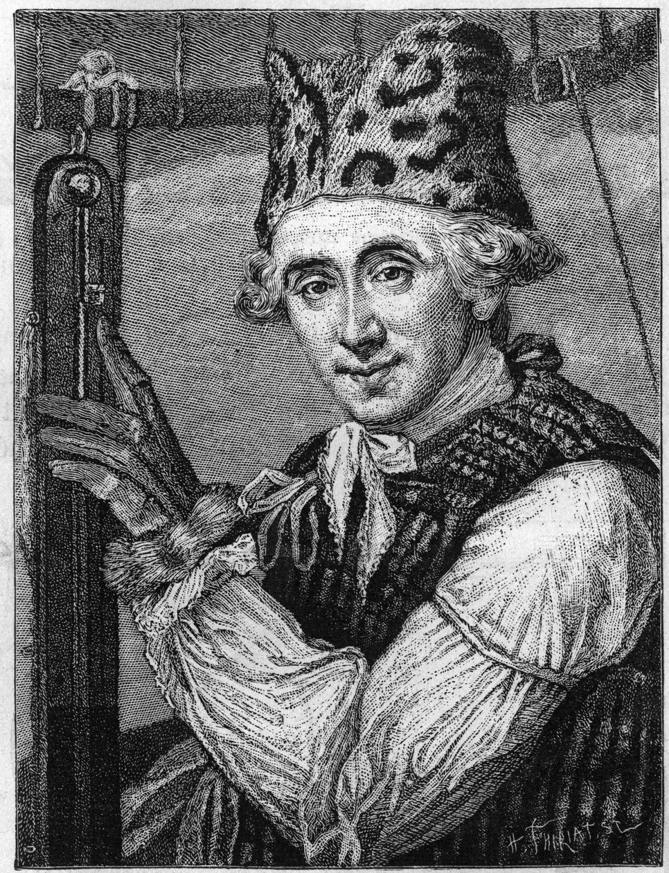 Portret Johna Jeffriesa (1745-1819), amerykańskiego fizyka. Był reprezentowany w skafandrze lotniczym, który nosił w 1785 roku, kiedy przelatywał przez kanał w balonie na ogrzane powietrze. (Z ryciny angielskiej, wydanej w 1786 r.). (Kolekcja Tissandiera). autorstwa English School