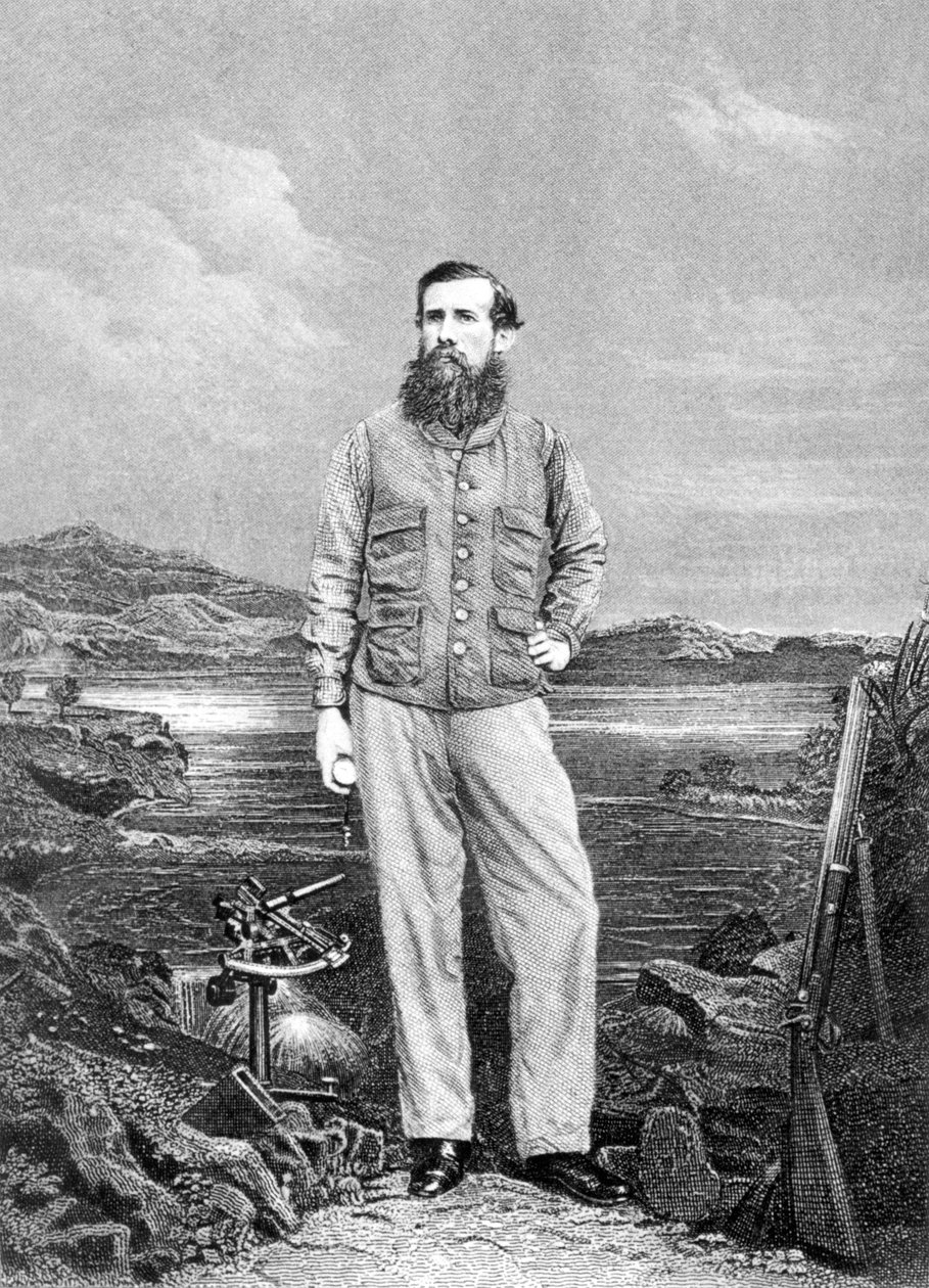 Portret Johna Speke (1827-64) przed Jeziorem Wiktorii, frontispis do Journal of the Discovery of the Source of the Nile opublikowanego 1863 autorstwa English School