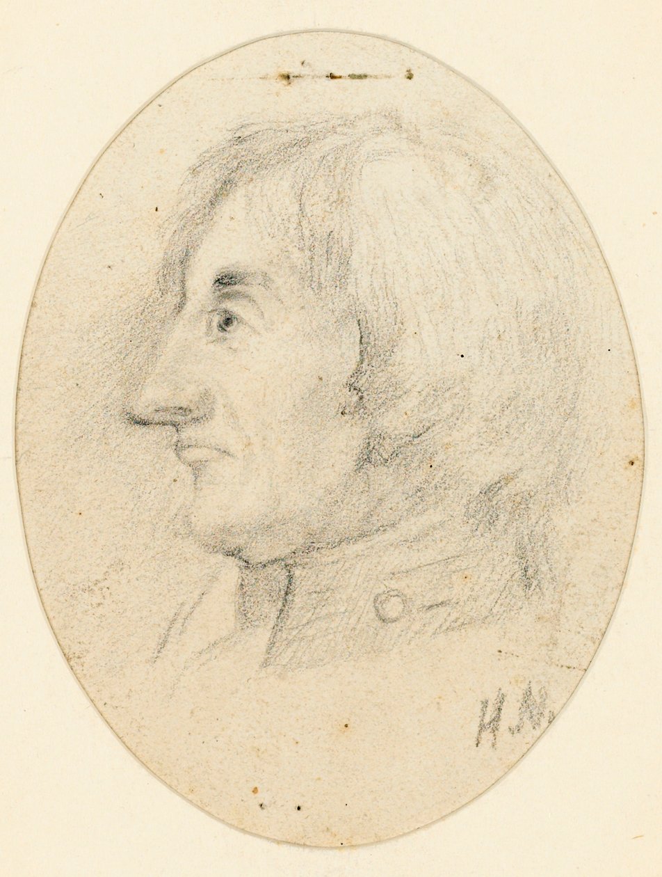 Portret Lorda Nelsona, głowa i kołnierz marynarki wojennej, w profilu.... z inicjałami H.N. poniżej. autorstwa English School