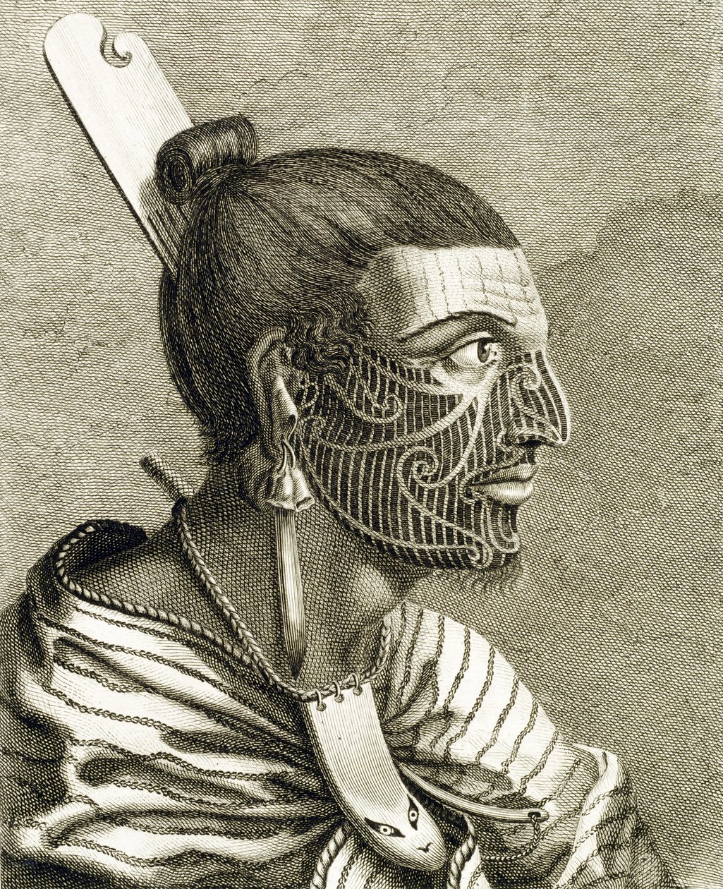 Portret maoryskiego mężczyzny z tatuażami Ta Moko autorstwa English School