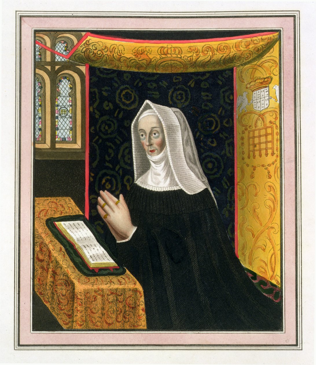 Portret Margaret Beaufort, hrabiny Richmond i Derby (1443-1509), założycielki St. Johns College w Cambridge, z The History of Cambridge, wyd. R. Ackermann, 1815 (akwatinta kolorowa) autorstwa English School