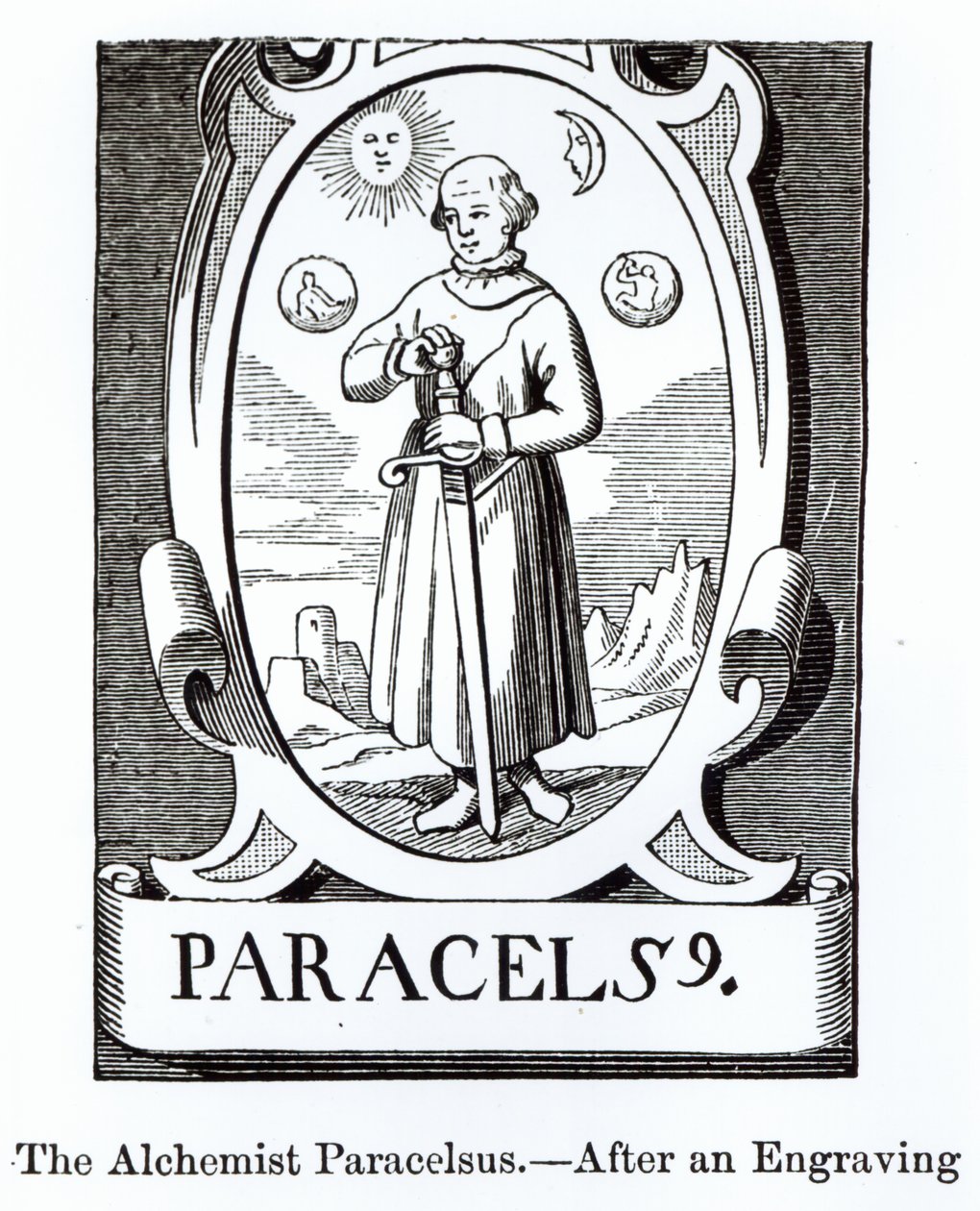 Portret Paracelsusa (Philippus Aureolus Theophrastus) (1493-1541), ilustracja z Nauki i literatury w średniowieczu i renesansie, napisany i ryty przez Paula Lacroix, 1878 (drewno autorstwa English School