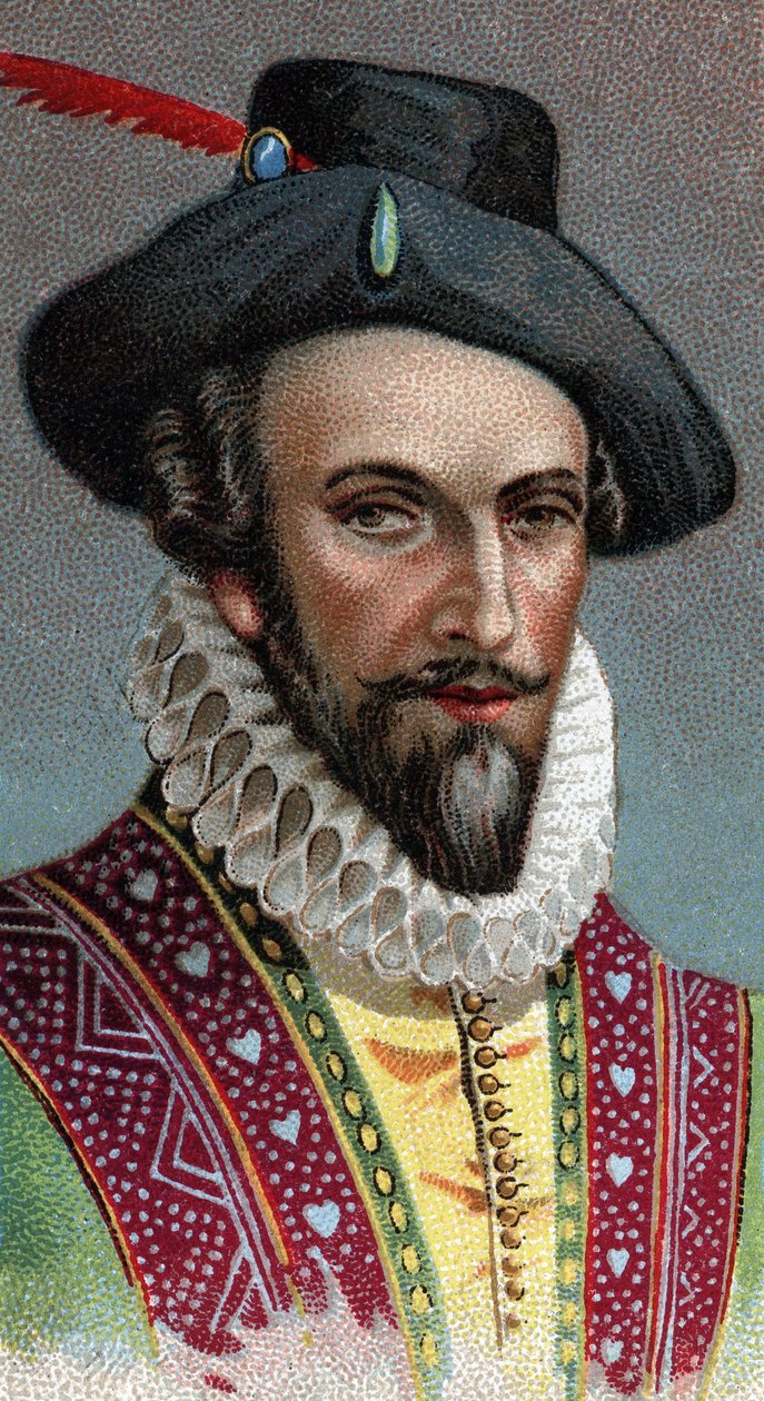 Portret Raleigha, Sir Waltera (1554-1618). Angielski żeglarz, odkrywca i broker - Z serii „Liderzy ludzi”” - Chromolitografia - Szkoła angielska, XX wiek - autorstwa English School