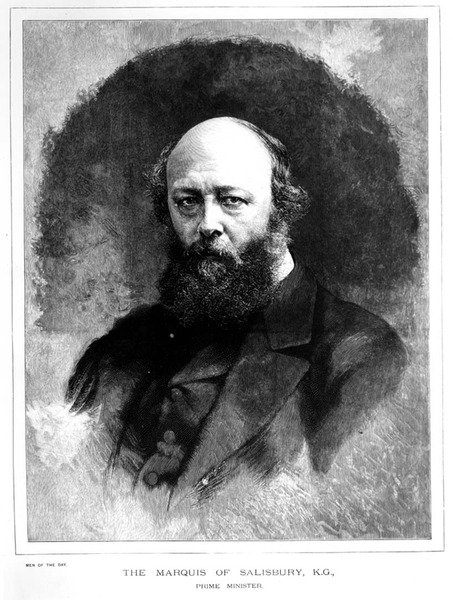 Portret Roberta Arthura Talbota Gascoyne Cecil (1830-1903), markiza Salisbury i premiera, z serii przedstawiającej „Mężczyźni dnia”, wyd. 1886 (czarno-biały grawer) autorstwa English School