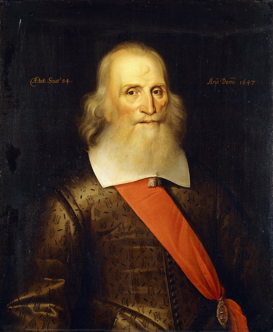 Portret Sir Olivera Cromwella, 84 lata, do połowy długości, w haftowanym dublecie z białym kołnierzykiem i czerwoną szarfą, 1647 autorstwa English School