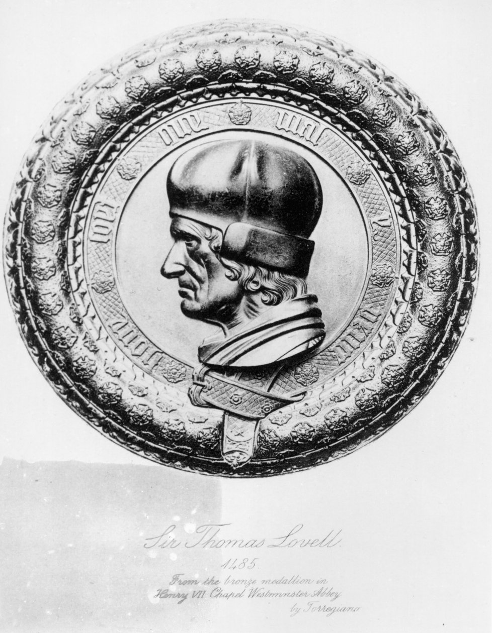 Portret sir Thomasa Lovella (zm. 1524) w 1485, z brązowego medalionu w opactwie Westminster w kaplicy Henryka VII autorstwa Torregiano (lit.) (zdjęcie czarno-białe) autorstwa English School