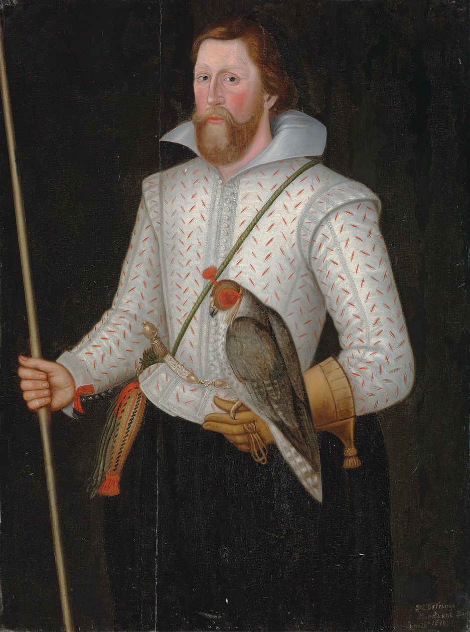 Portret Sir Thomasa Monsona, do połowy długości, w rozciętym białym kaftanie, przepasanego mieczem, trzymającego sokoła i różdżkę urzędu autorstwa English School