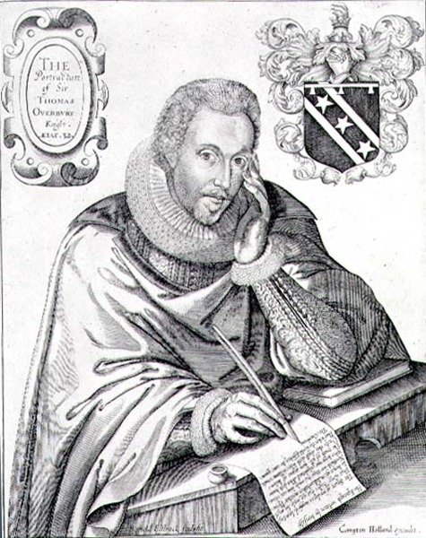 Portret sir Thomasa Overbury (1581-1613) spisującego swoje epitafium, ryty przez Renolda Elstracka (1571-c.1630) 1613 (rycina) autorstwa English School