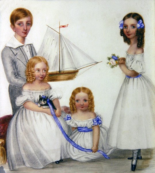 Portret czwórki dzieci trzymających żaglówkę i kotka, ok. 1830 (akwarela na papierze) autorstwa English School