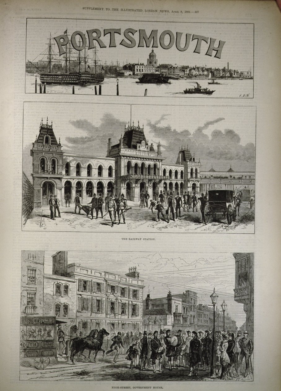 Portsmouth: Dworzec kolejowy i High Street, Government House, z „The Illustrated London News”, 8 kwietnia 1882 autorstwa English School