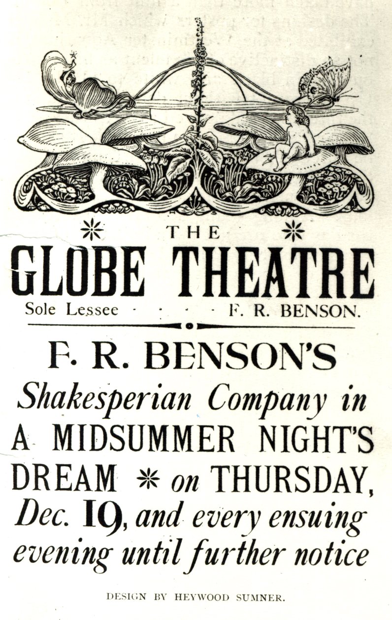 Plakat reklamujący „Sen nocy letniej” Williama Szekspira (1564-1616) w wykonaniu F.R. Bensona Shakespearean Company w teatrze Globe, ok. 1890 (druk) autorstwa English School