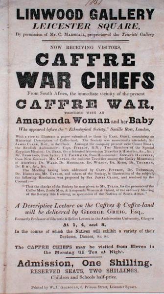 Plakat reklamujący wykład o Caffre War Chiefs w Galerii Linwood autorstwa English School