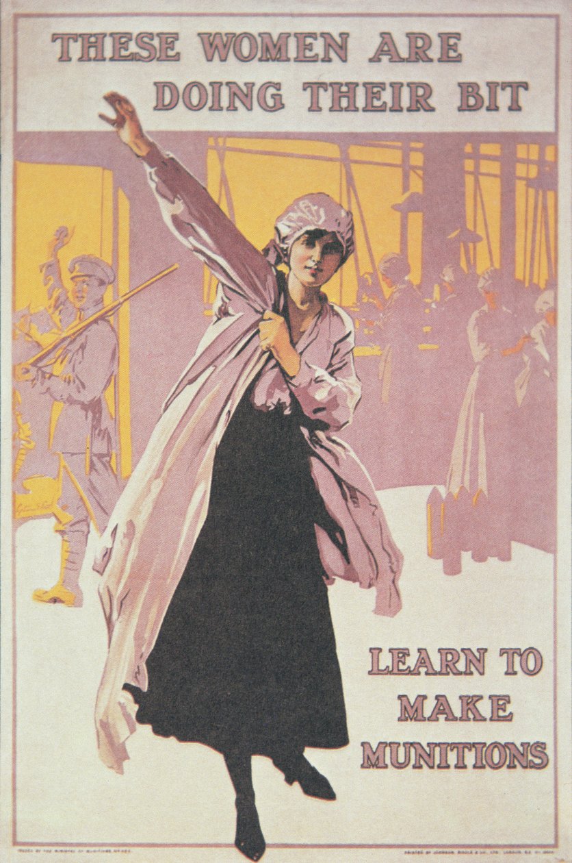 Plakat przedstawiający kobiety robiące amunicję (kolor lito) autorstwa English School