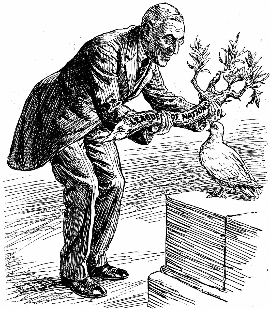 Prezydent Wilson wręcza Gołębicy Pokoju gałązkę oliwną z napisem "Liga Narodów", z "Punch", Londyn, 26 marca 1919 r. (druk) autorstwa English School