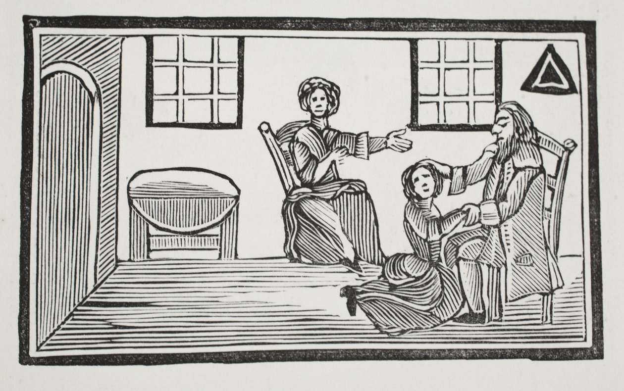 Śliczna Bessie otrzymująca błogosławieństwo ojca, gdy idzie szukać środków do życia, ilustracja z książki Chap-books of the Eighteenth Century Johna Ashtona, pub. 1882 autorstwa English School
