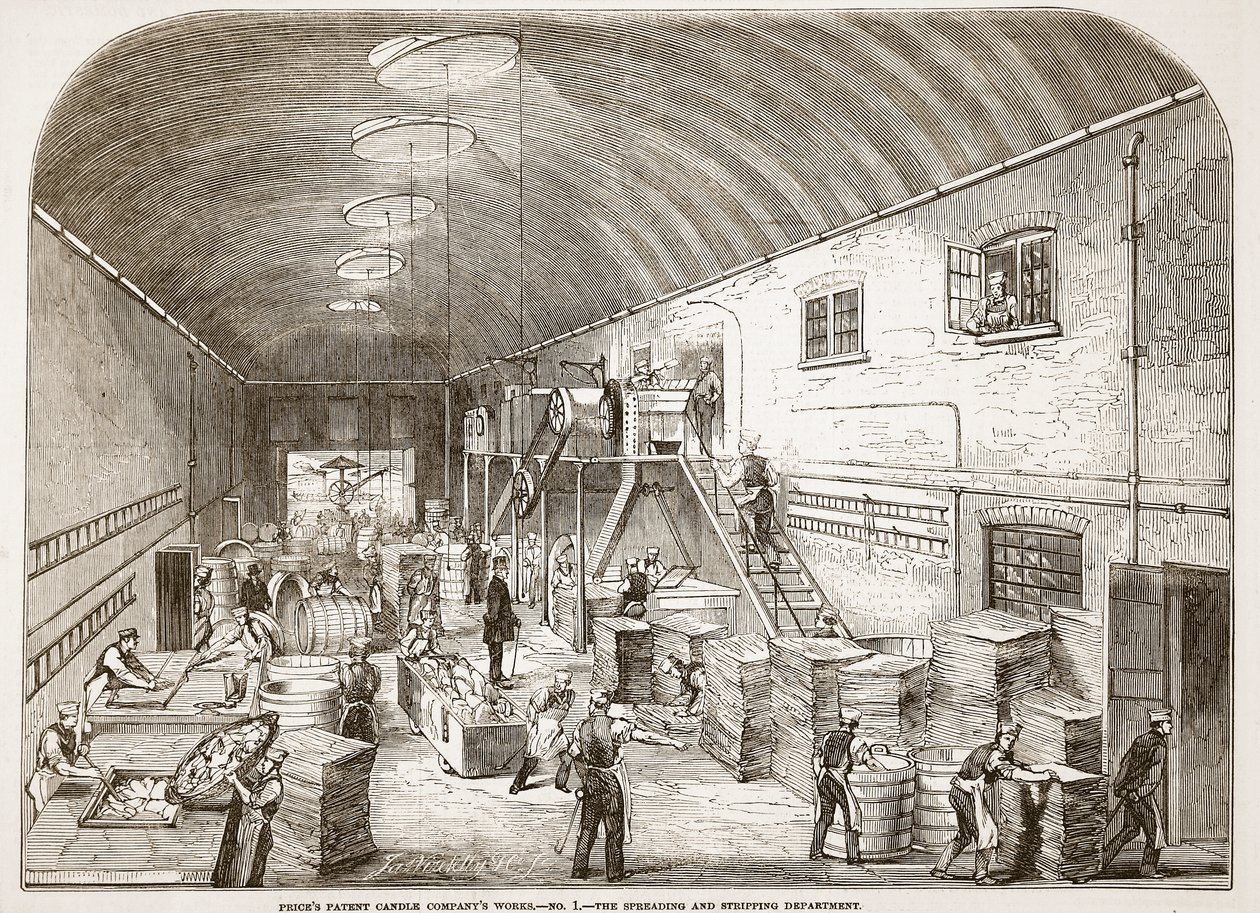 Ceny Patent Candle Companys Works, nr 1: The Spreading and Stripping Department, z The Illustrated London News, 1849 autorstwa English School