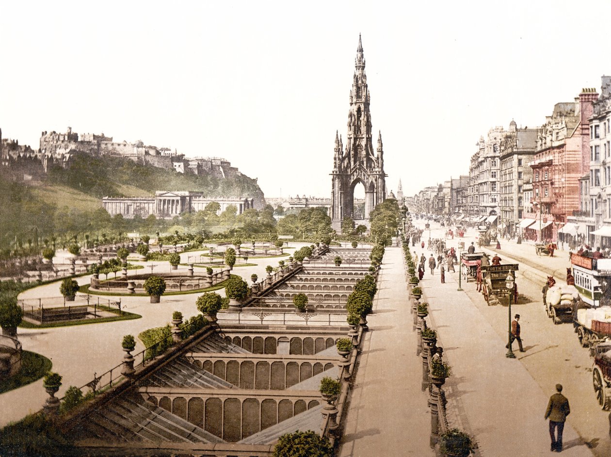 Princes Street, zamek i pomnik Scotta, Edynburg (zdjęcie ręcznie kolorowane) autorstwa English School