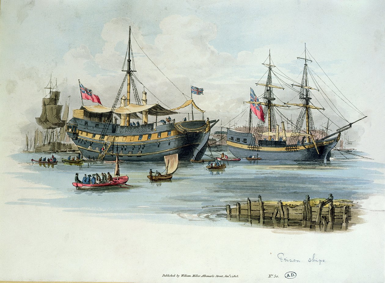 Statki więzienne używane przez Brytyjczyków podczas wojen napoleońskich do przechowywania jeńców francuskich, 1805 (kolor grawerowany) autorstwa English School