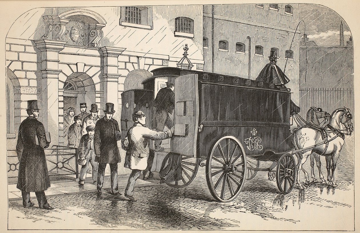 Więzienna furgonetka przyjmująca więźniów w Izbie Zatrzymań, ilustracja z The Criminal Prisons of London i Scenes from Prison Life Henry
