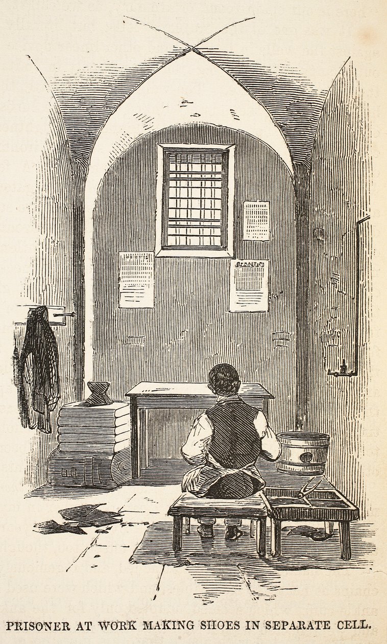 Więzień przy pracy przy robieniu butów w oddzielnej celi, ilustracja z The Criminal Prisons of London i Scenes from Prison Life Henry