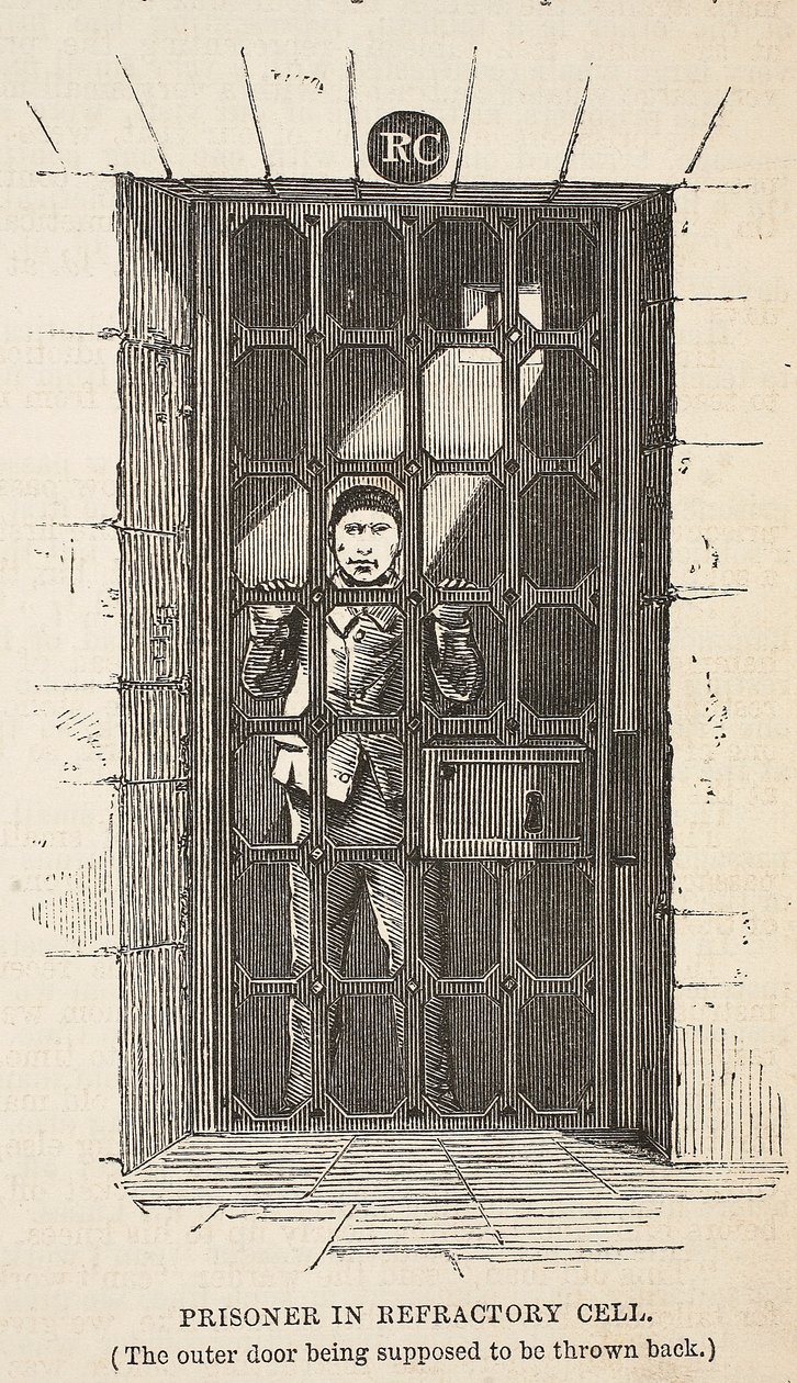 Więzień w celi ogniotrwałej (zewnętrzne drzwi mają być odrzucone), ilustracja z The Criminal Prisons of London i Scenes from Prison Life Henry