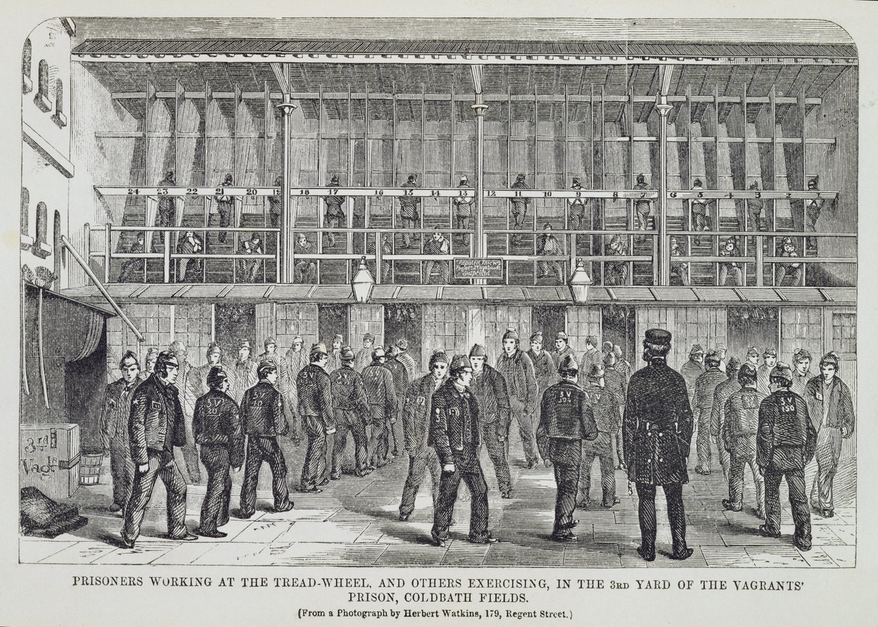 Więźniowie pracujący przy kole bieżnikowym i inni ćwiczący w 3. dziedzińcu więzienia włóczęgów, Coldbath Fields, z The Criminal Prisons of London i Scenes of Prison Life autorstwa Henry