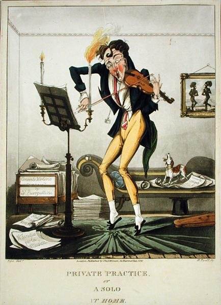 Private Practice or A Solo at Home, rycina Henry Pyall (1795-1833), wyd. Thomas McLean, Londyn autorstwa English School