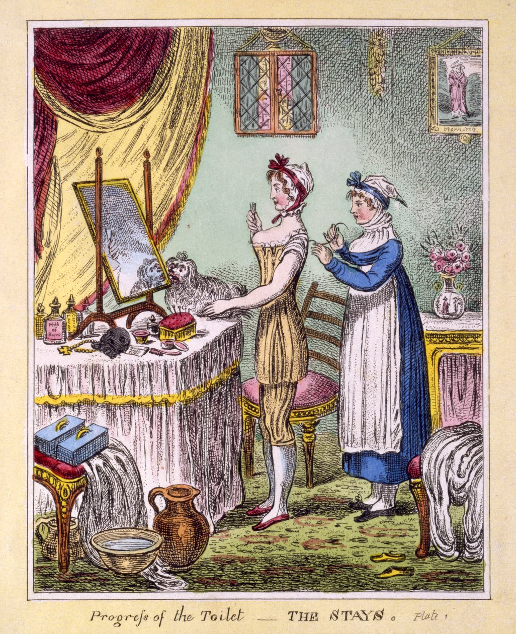 Postęp toalety - The Stays Plate 1, wyd. McCleary, Londyn, 1810 (ręcznie barwiony grawerunek) autorstwa English School