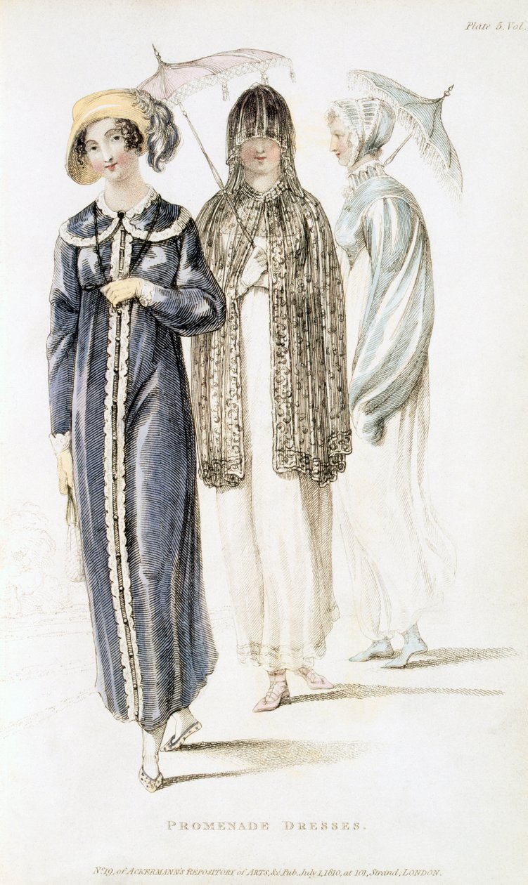 Sukienki na promenadę, modny talerz z Ackermanns Repository of Arts autorstwa English School