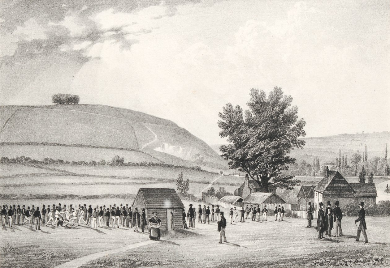 Chłopcy ze szkoły publicznej (Charterhouse) grający w piłkę nożną (bw litho) autorstwa English School