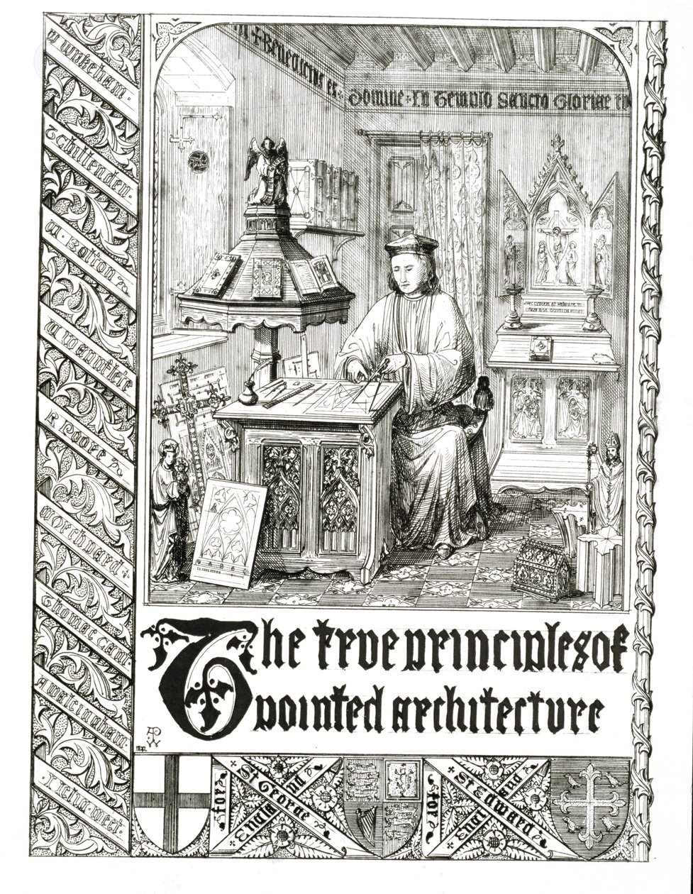 Pugin w pracy, frontyspis z True Principles of Pointed or Christian Architecture, Augustus Welby Northmore Pugin (1812-52) autorstwa English School