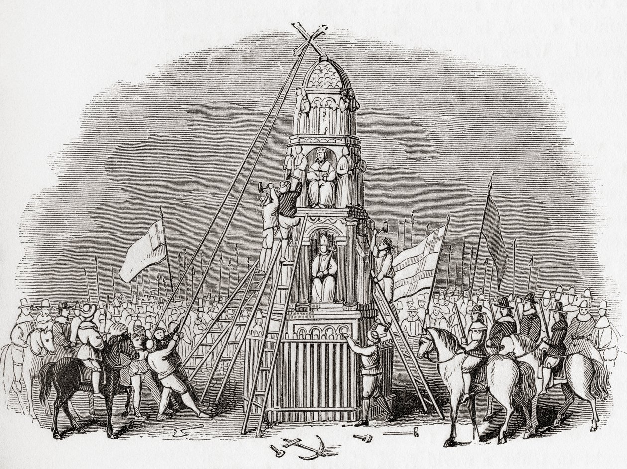 Purytanie niszczący Cheapside Cross aka Eleanor Cross, Londyn, Anglia w 1643 r., ze strony Old England: A Pictorial Museum, pub. 1847 autorstwa English School