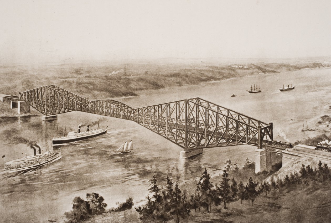 Quebec Bridge over the St. Lawrence River, Kanada, ilustracja z „Zarysu historii” H.G. Wellsa, tom II, wydanej w 1920 r. autorstwa English School
