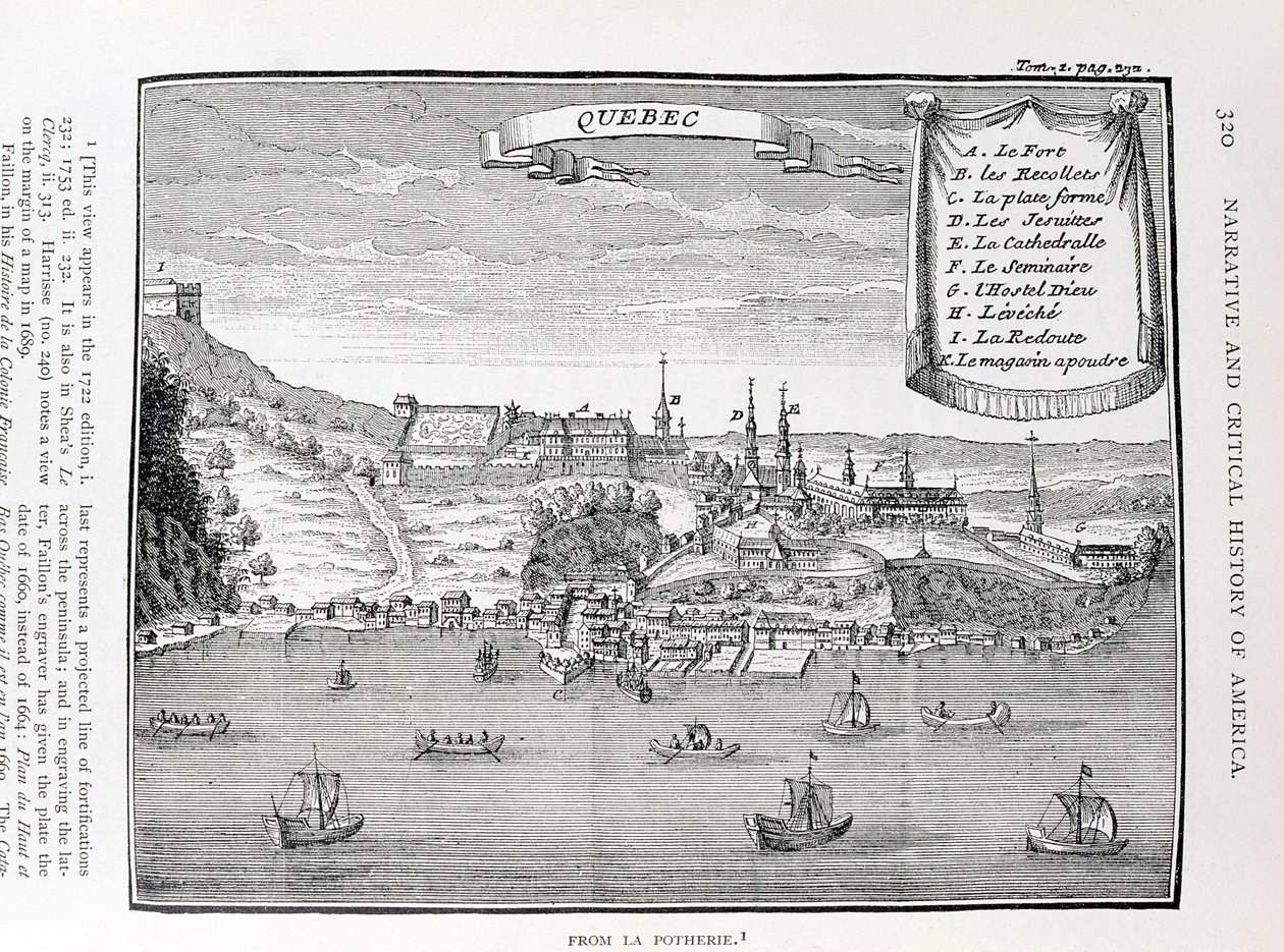 Quebec, za La Potherie (1663-1736), ilustracja z tomu IV „Narrative and Critical History of America”, 1886 autorstwa English School