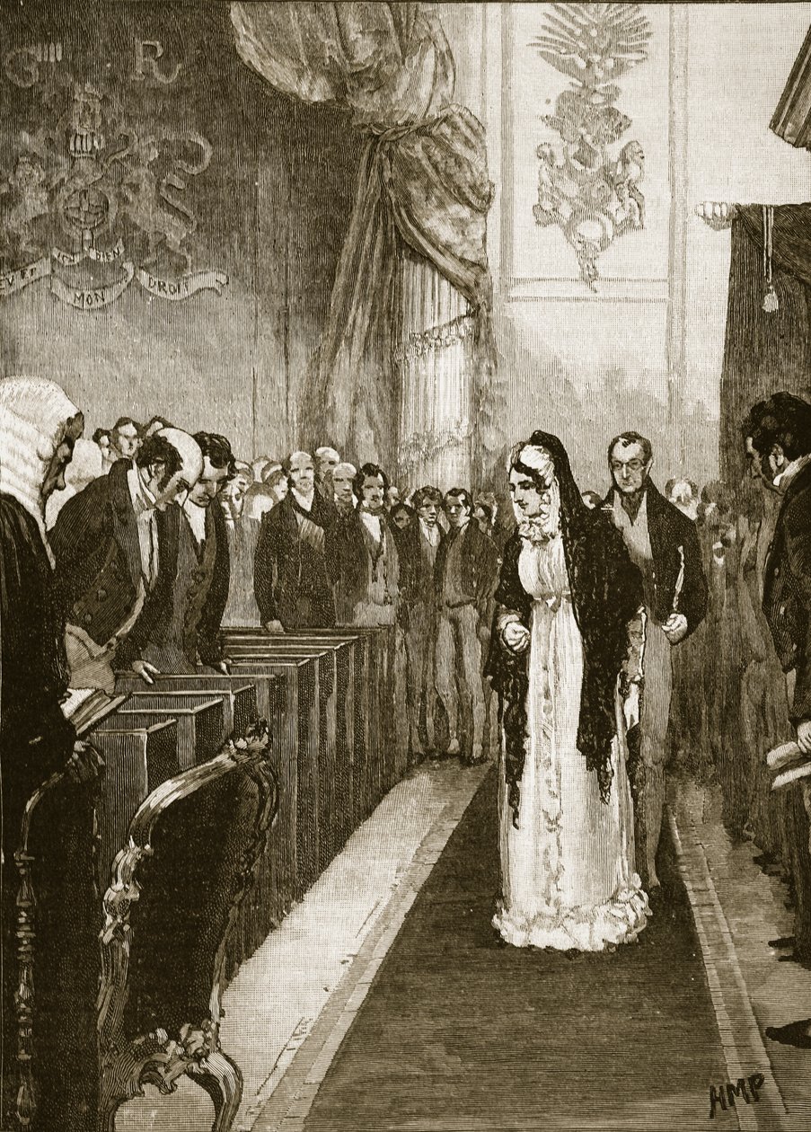 Królowa Karolina wchodząca do Izby Lordów, ilustracja z Cassells Illustrated History of England (zdjęcie w sepii) autorstwa English School
