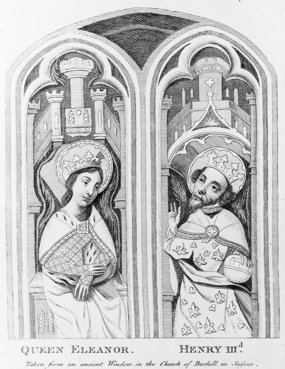 Królowa Eleonora i Henryk III, wzięte ze starożytnego okna w kościele Boxhill, Sussex autorstwa English School
